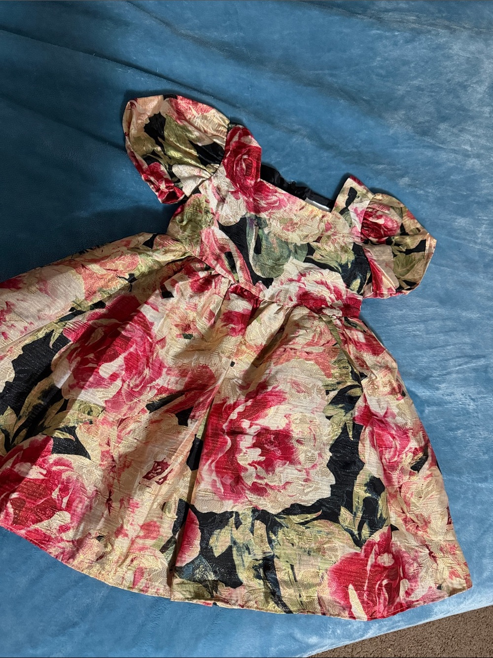 Rare Editions Floral Puff-Sleeve Party Dress in Pink, Cream, Black